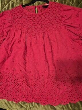 Industry Women’s Eyelet Puff Sleeve Top - Bright Pink M